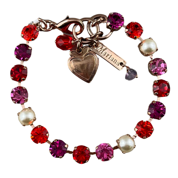 Image of petite bracelet with same sized red, purple, pink crystals and faux pearls. 18ct Rose Gold plated metal casting.