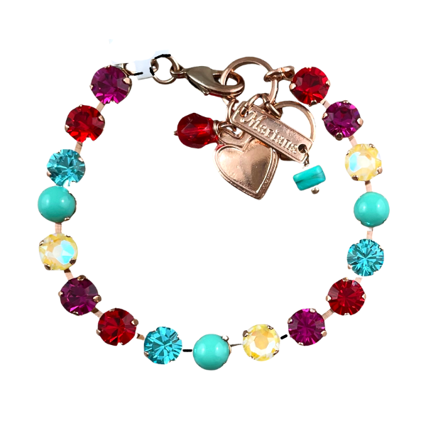 Image of petite bracelet with same sized fuchsia, aqua, red and yellow crystals. 18ct Rose Gold plated metal casting.