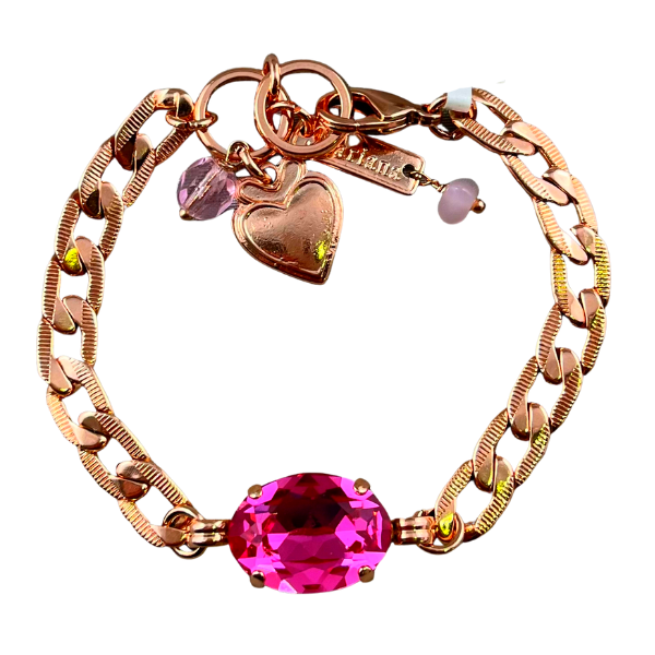 Image of beautiful link chain bracelet with sparkly pink oval crystal as centrepiece, set in 18ct rose gold gilded metal.