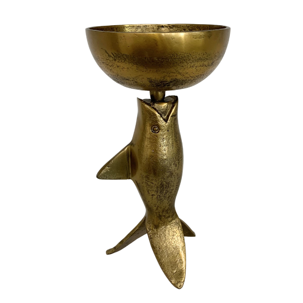 Image of decorative bowl sitting on a fish in antique gold.