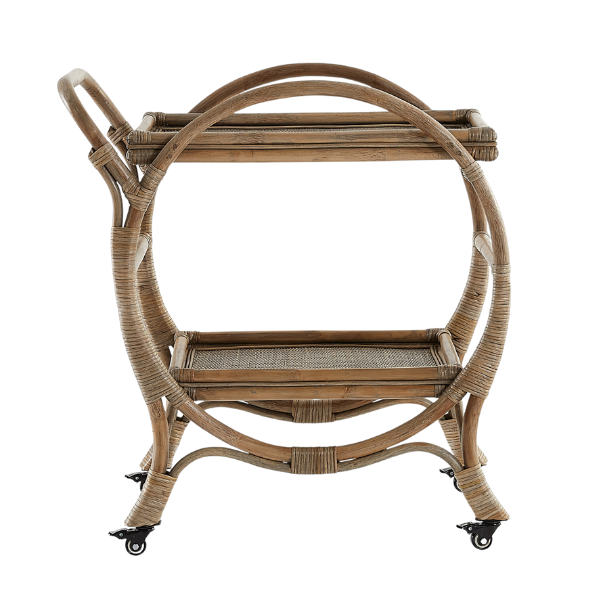 Image of classic style bar cart on wheels in mud grey rattan.