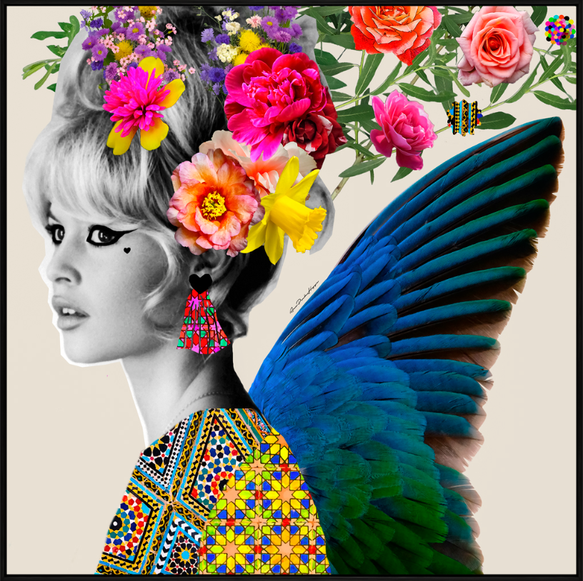 Bridgette Bardot with Bird Wings and a Gorgeous Colourful Flower Headdress