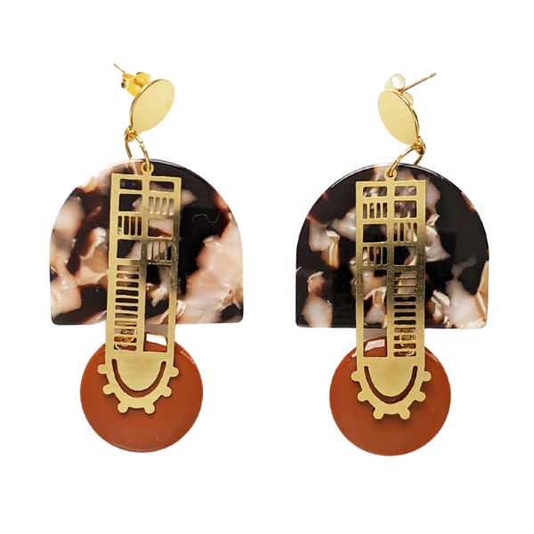 Image of art deco inspired earrings with natural colours and brass elements.