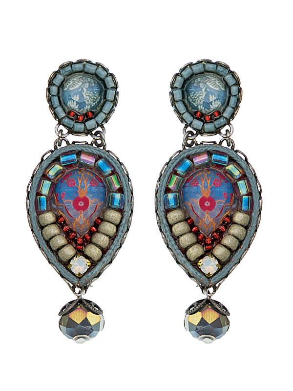 Image of elegant dangle earrings made skillfully by hand using coloured textiles, glass and metals in blue and red tones.