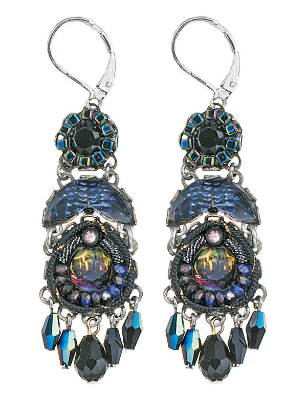 Image of skillfully handcrafted earrings on silver plated brass using metal alloys, glass beads, ceramic stones, crystal rhinestones and / or fabrics.