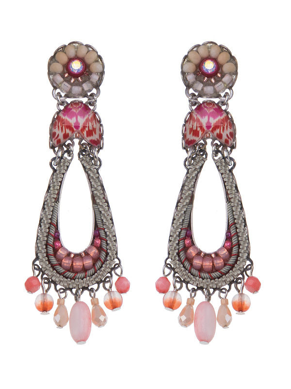 Image of vibrant earrings using red-orange and pink tones.