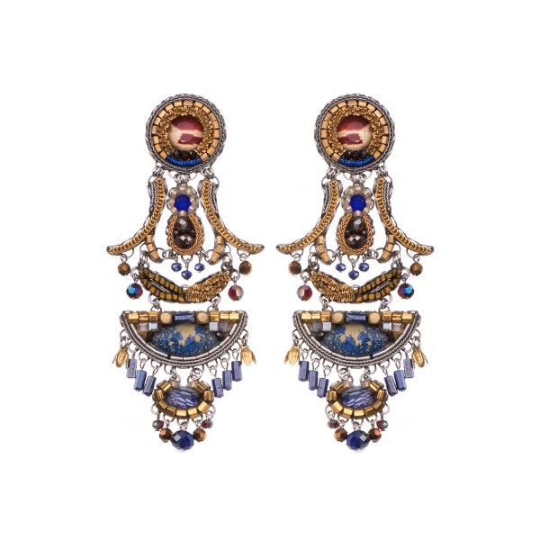 Image of elegant large dangle earrings made skillfully by hand using coloured textiles, glass and metals in gold and blue.
