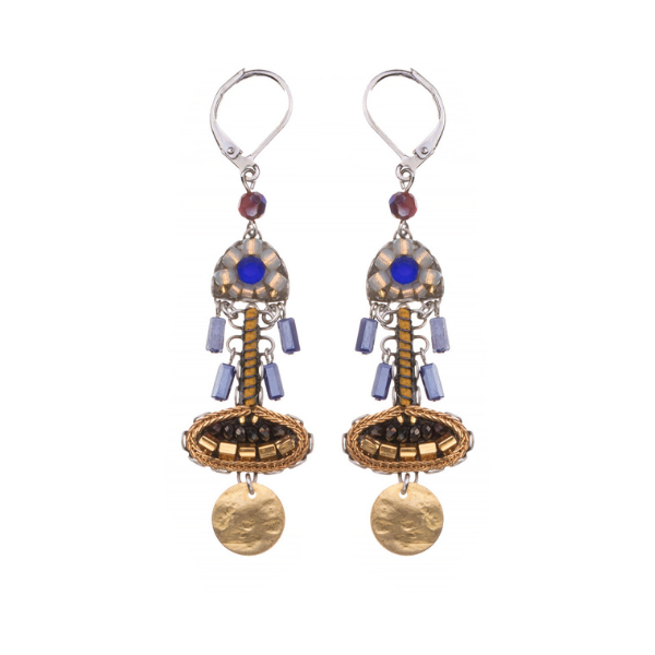 Image of dangle french hook earrings made skillfully by hand using coloured textiles and metals.
