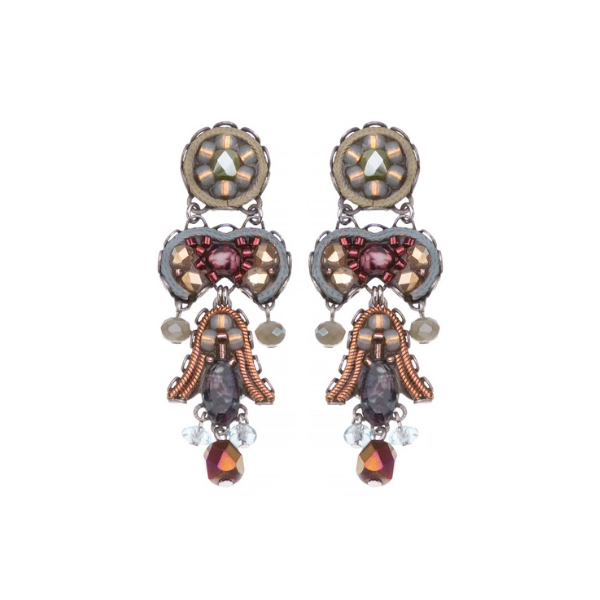 Image of dangle earrings 100% handcrafted and contains silver plated brass and metal alloys, glass beads, ceramic stones, crystal rhinestones and fabrics.