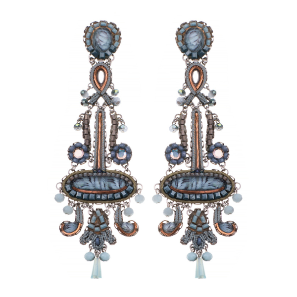 Image of large dangle earrings made skillfully by hand using coloured textiles, glass and metals in blue tones.