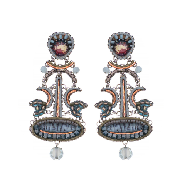 Image of large dangle earrings made skillfully by hand using coloured textiles, glass and metals in blue tones.