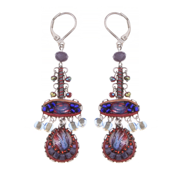 Image of dangle earrings on french hook 100% handcrafted and contains silver plated brass and metal alloys, glass beads, ceramic stones, crystal rhinestones and fabrics in red tones.