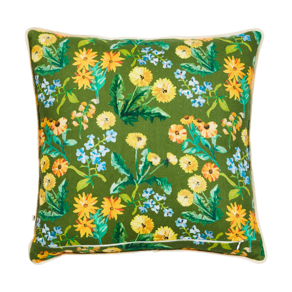 Image of olive green 50 x 50cm cushion with yellow dandelion floral pattern.