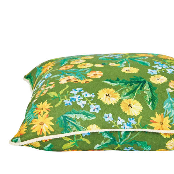 Image of olive green 50 x 50cm cushion with yellow dandelion floral pattern.