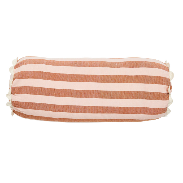 Image of Woven Stripe Buff Bolster Cushion with a cream scalloped trim.
