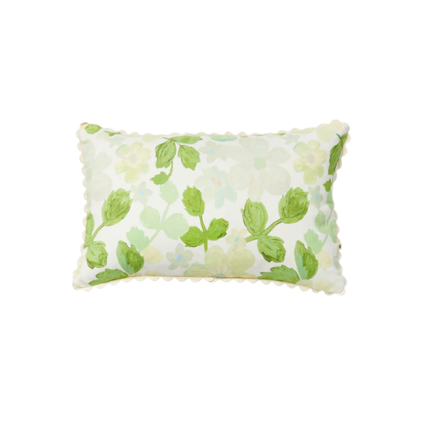 Image of cream 60 x 40 cm cushion with green floral pattern.