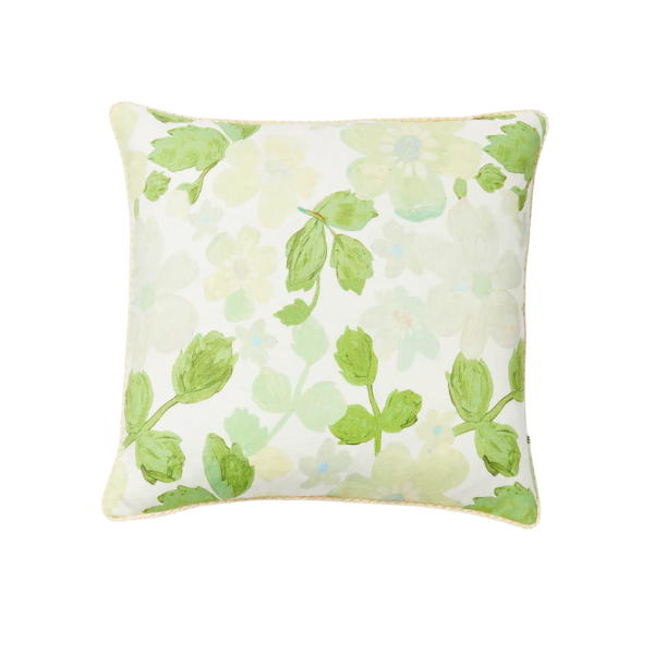 Image of cream 50 x 50 cm cushion with green floral pattern.