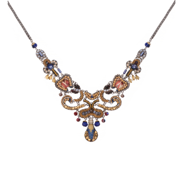 Image of elegant necklace made skillfully by hand using coloured textiles, glass and metals in gold and blue.