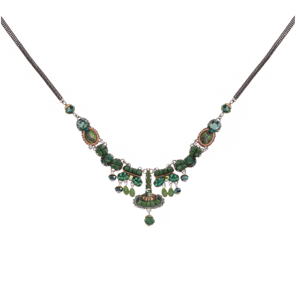 Image of elegant necklace carefully hand stitched and painted in green on silver chain.