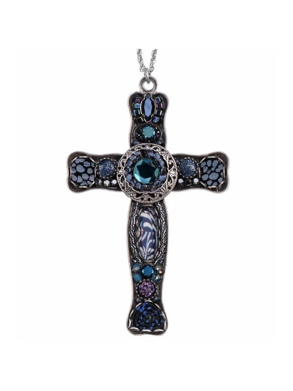 Image of Intricately beaded and bejewelled cross pendant necklace. Exquisitely handcrafted to a superior standard, Ayala Bar Jewellery contains silver plated brass and metal alloys, glass beads, ceramic stones, crystal rhinestones and textiles