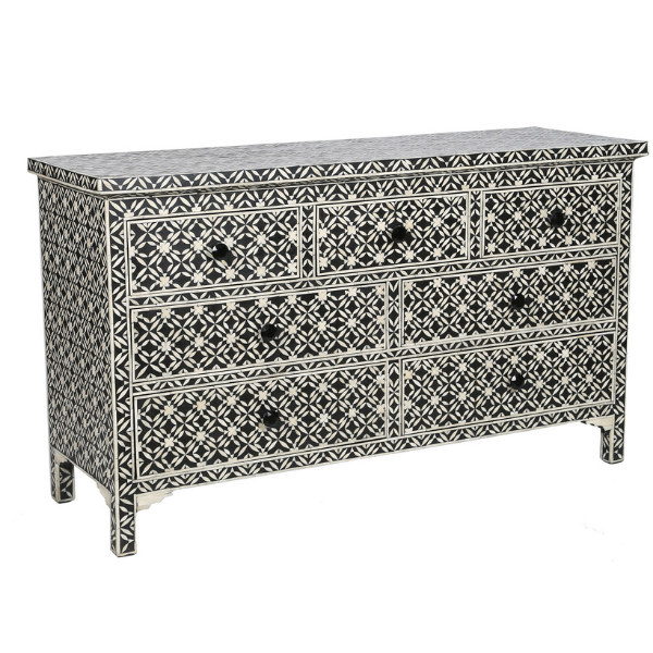 Image of 7 drawer bone inlay cabinet, black and white, in a geometric flower design.