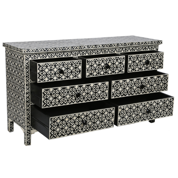 Image of 7 drawer bone inlay cabinet, black and white, in a geometric flower design.
