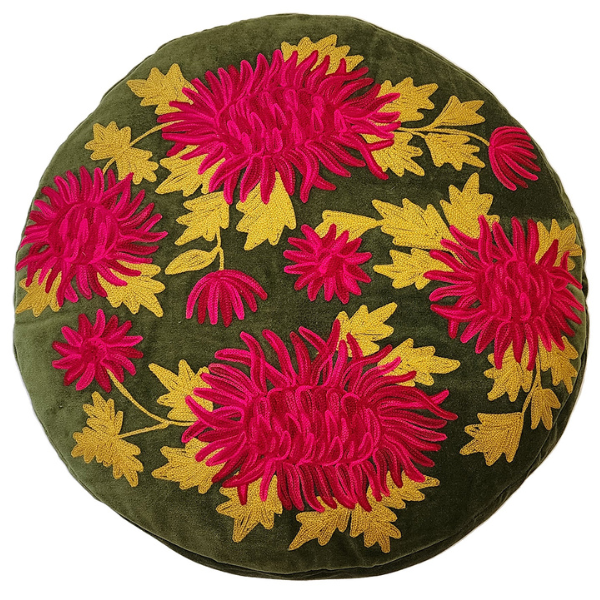 Image of charcoal velvet ottoman cushion embroidered with vibrant fuchsia chrysanthemum and golden foliage.