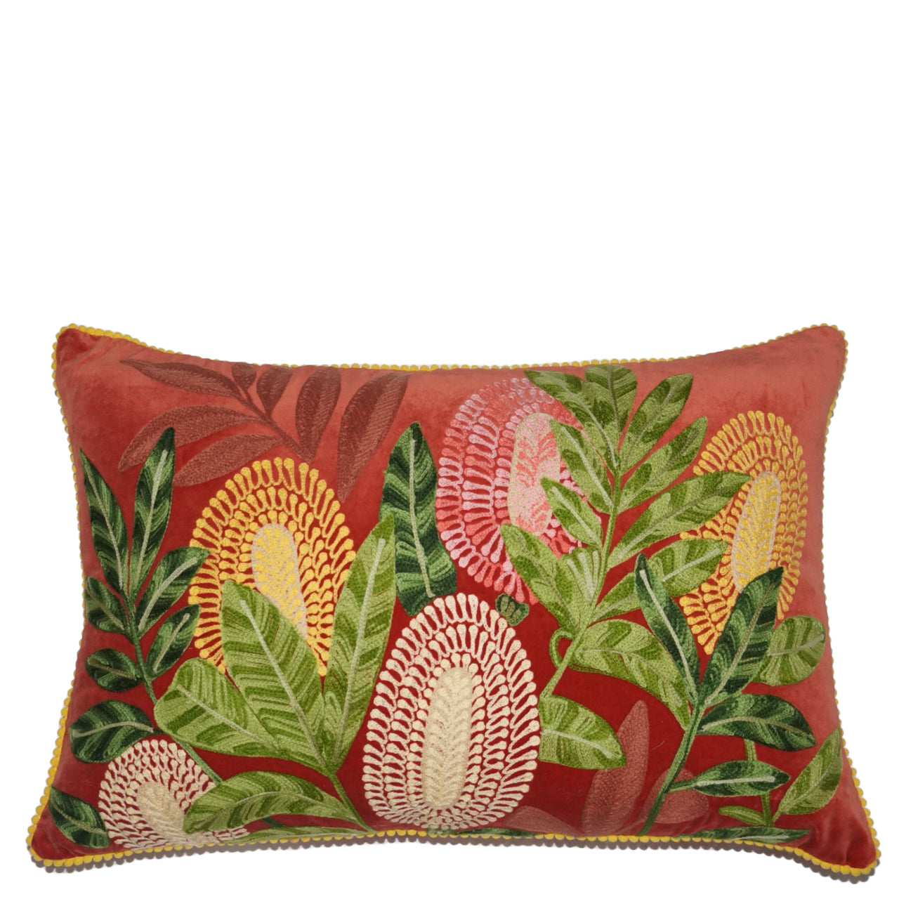 velvet cushion with banksia embroidery