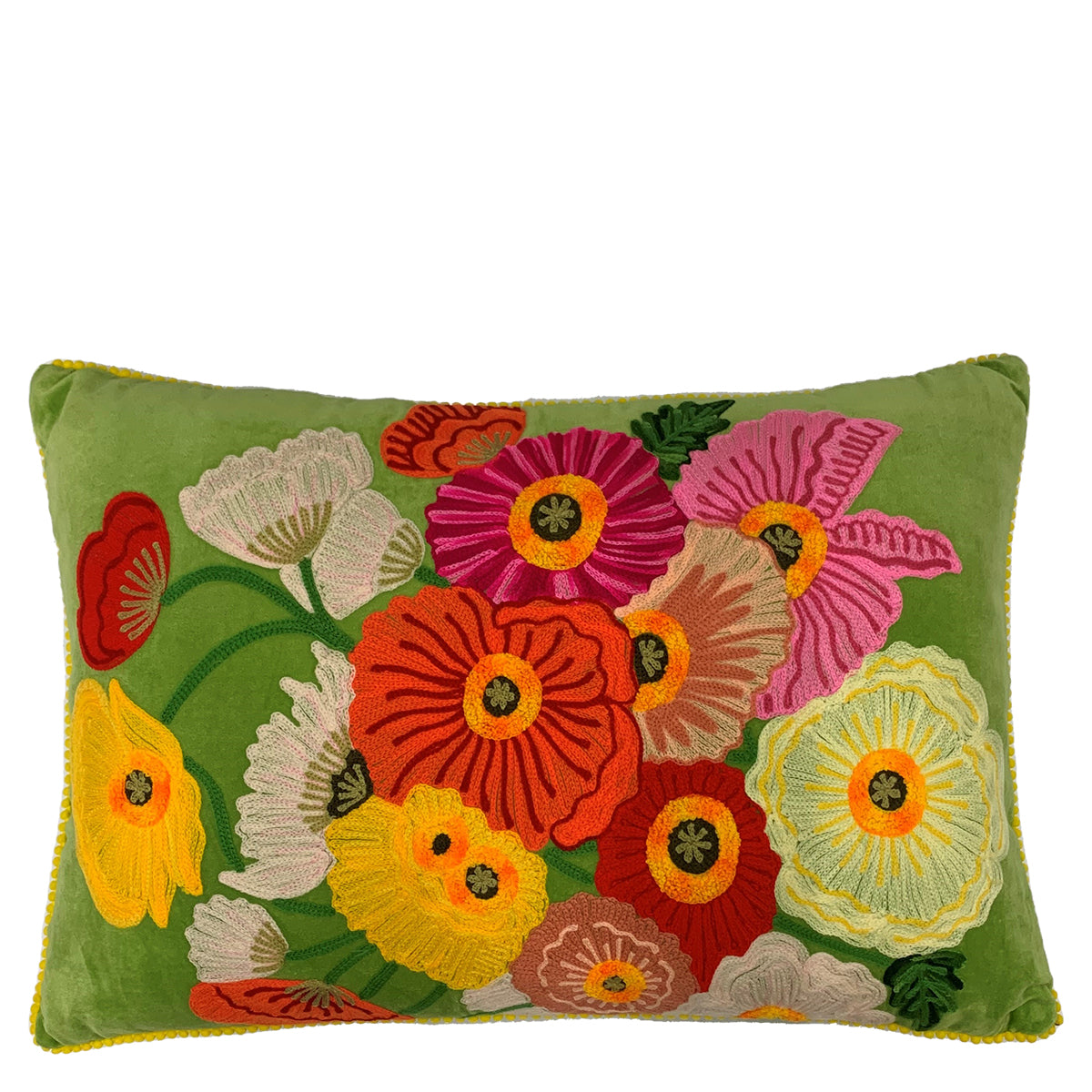 Velvet Poppies Lumbar Cushion - Green CUS2145