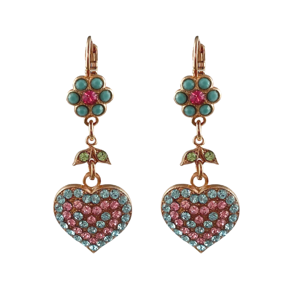 Image of earrings guaranteed to melt your heart, these Mariana earrings have been designed with a stunning palette of aqua, pink, pale blue crystals with a feature heart dangle. From the Afternoon in Amsterdam Collection, these earrings are 18ct Rose Gold plated on a French hook.