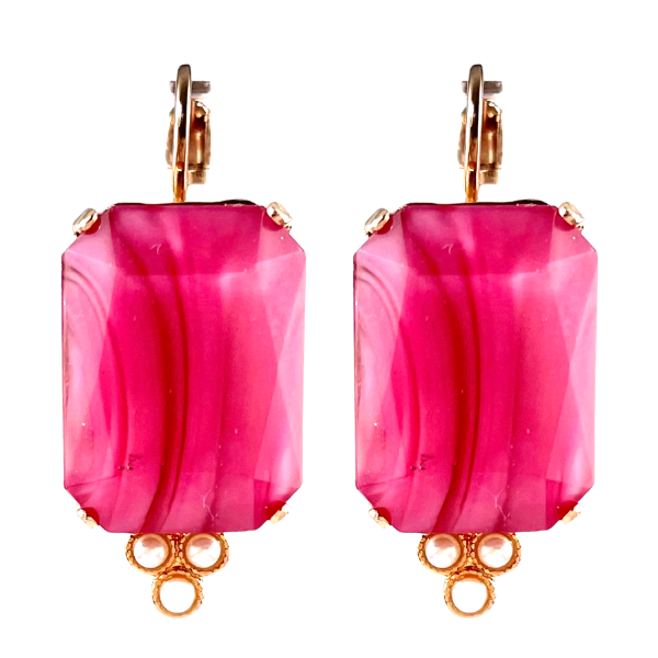 Image of 18ct rose gold plated earrings with large musky pink crystal trimmed with champagne tiny crystals.
