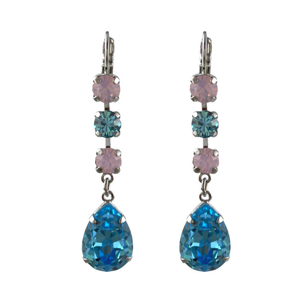 Image of a stylish setting earrings from Mariana's My Treasures Collection. Designed with pale pink and aqua crystals, this setting features a large teardrop pale blue crystal on the bottom with three small pink and blue earrings above. Rhodium (silver) plating on a French Hook.