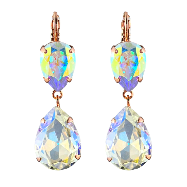 Image of dangle earrings with inverted iridized diamond tear drop al and diamond teardrop dangle below, on 18 carat gold finish.