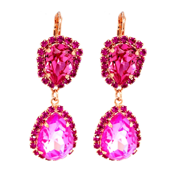 Image of iridized pink teardrop dangle earrings with an inverted pink teardrop crystal above both edged with tiny purple seed crystals, the metal is 18ct Rose Gold plated on a French hook.