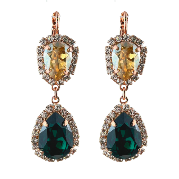 Image of emerald green teardrop dangle earrings with a champagne inverted teardrop crystal above both edged with tiny seed diamond crystals, the metal is 18ct Rose Gold plated on a French hook.