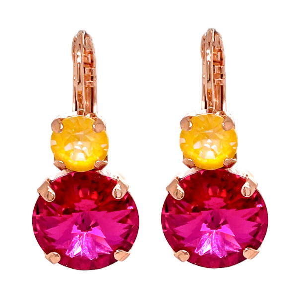 Image of striking hot pink and yellow dangle earrings set over 18ct rose gold gilded metal on a French hook.