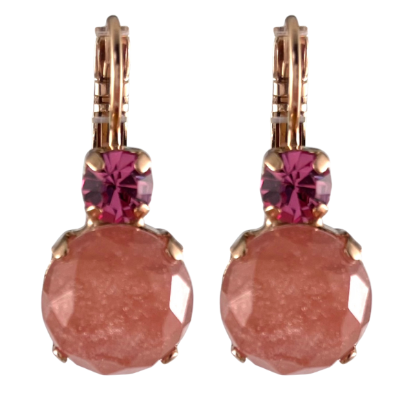 Image of 18ct rose gold plated everyday earrings with round milky pink crystal and small pink crystal above.