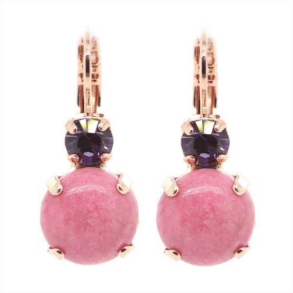 Image of 18ct rose gold plated earrings with big round musky pink crystal and small purple crystal above.