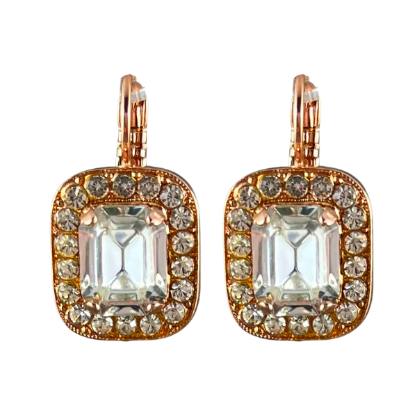 Image of 18ct rose gold plated drop earrings with clear diamond crystal surrounded by tiny diamond seeds.