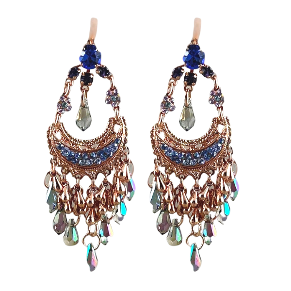 Image of stunning boho style earrings encrusted with cobalt, pale blue, purple crystals with green/purple briolette cut dangles. 18ct Rose Gold metal plating.