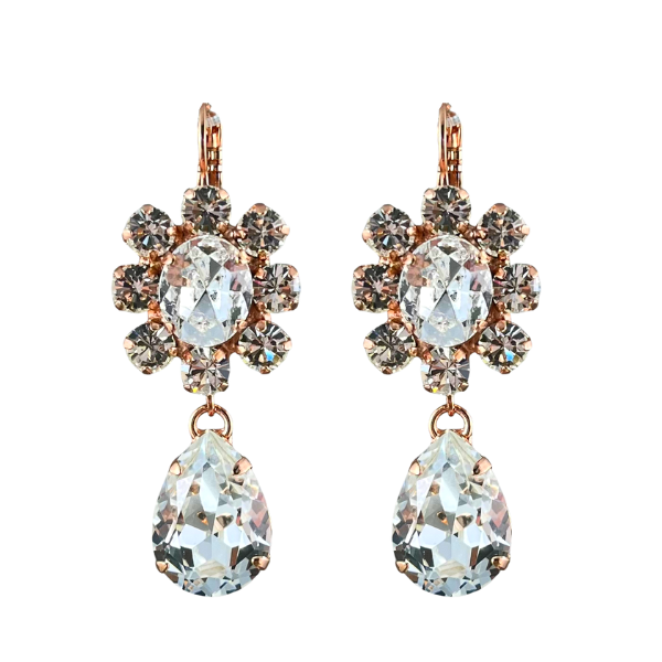 Image of large flower earrings using diamond crystals along with diamond crystal teardrop dangle.