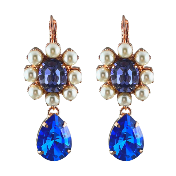 Image of large flower earrings using lilac crystal as centre and faux pearls as petals with electric blue crystal teardrop dangle.