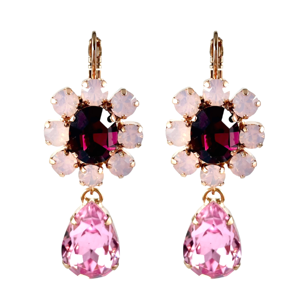 Image of large pink and purple flower with pink crystal teardrop dangle earrings.