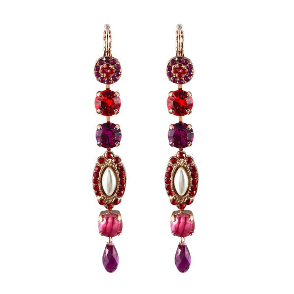 Image of crystal encrusted drop earrings featuring pink, red, fuchsia crystals and a faux pearl centre. Elegant - 8cm in length on a French hook.