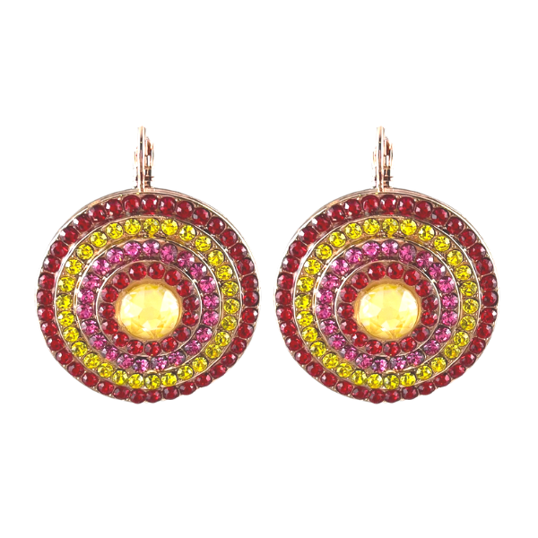 Image of impressive disk earrings featuring a combination of seed red, pink and yellow crystals with an iridized yellow crystal centrepiece.