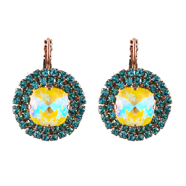 Image of big circular earrings with large iridized yellow crystal centrepiece, trimmed with a double layer of tiny aqua seed crystals on French hook with 18ct Rose Gold plating.