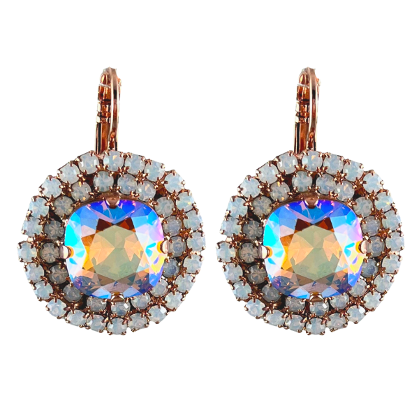 Image of big circular earrings with large iridized champagne crystal centrepiece, trimmed with a double layer of tiny seed white opalites on French hook with 18ct Rose Gold plating.
