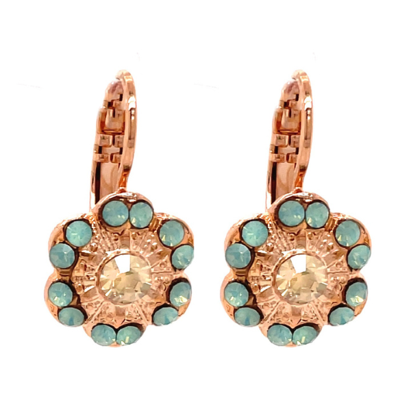 Image of rose gold plated scalloped earrings trimmed in aqua crystals with a gold crystal centre.