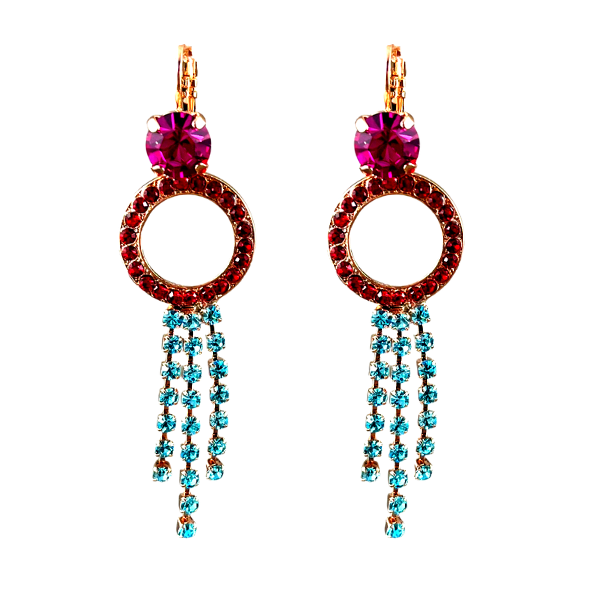 Image of dangle Mariana earrings with purple round crystal, red encrusted circle and aqua seed crystals on 3 strand dangles.
