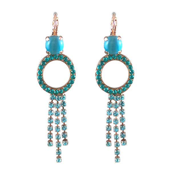 Image of elegant round aqua opalite, circle encrusted with turquoise mini seed crystals earrings with triple dangle embellished with mini seed crystals in aqua.